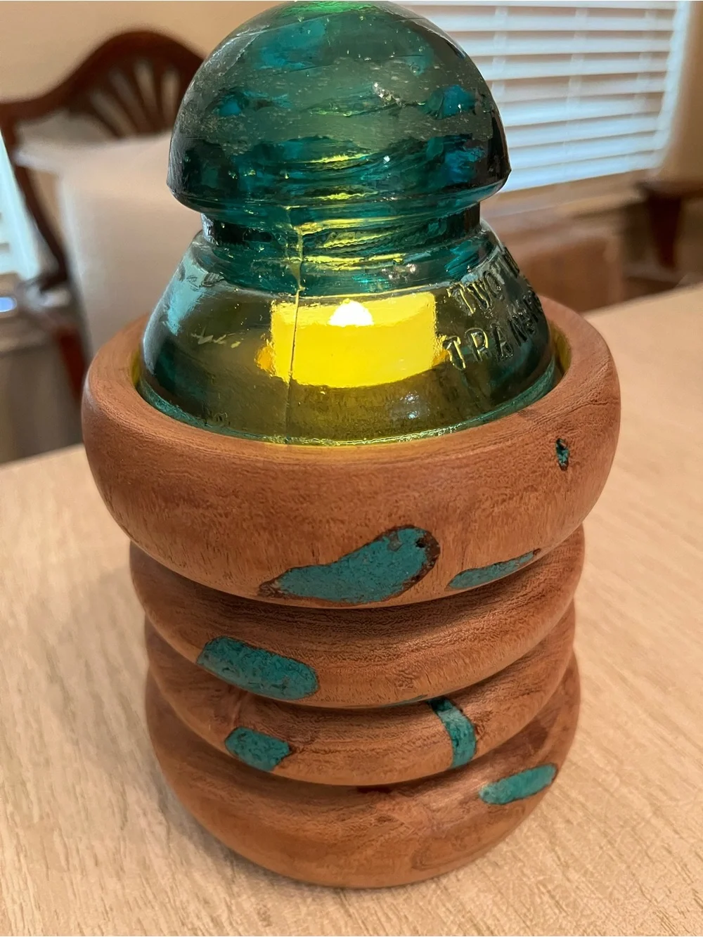 B&W Handcrafted Redneck Fairy Lamp – Teal Glass Insulator & Turned Wood